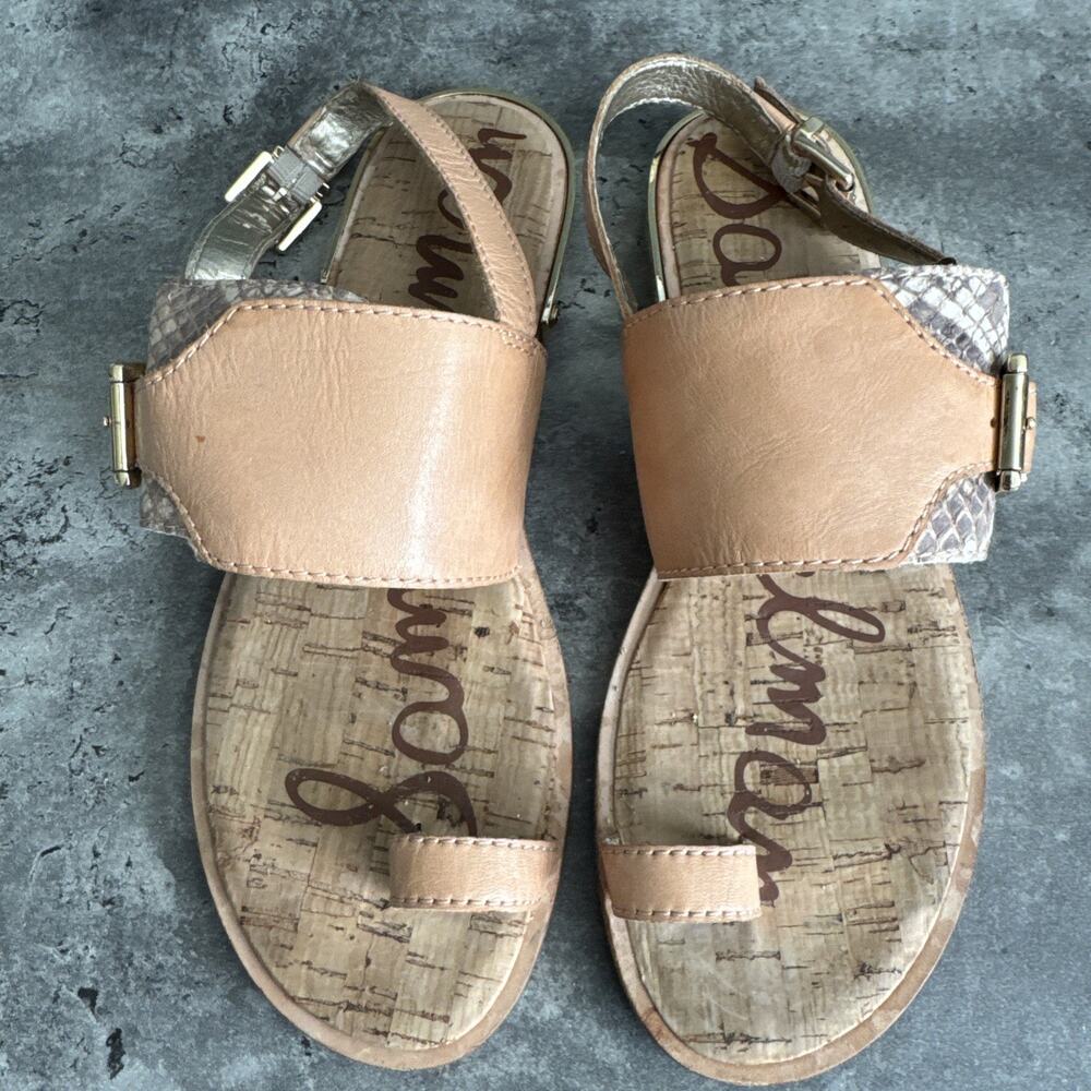 Sam Edelman sandals with a cork footbed and a snakeskin-print ankle strap
